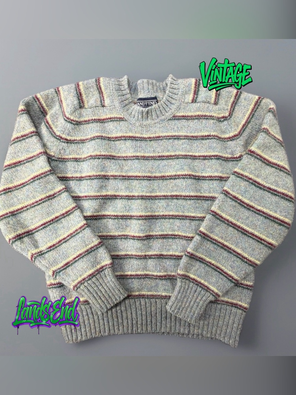 Vintage 80s Lands End Sweater Womens L Gray Striped Pure Wool 17x19